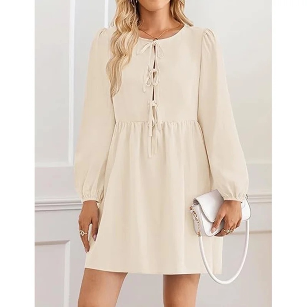 NWT Women's Dress Fall Long Puff Sleeve Self Tie Front Babydoll A Line Dress S